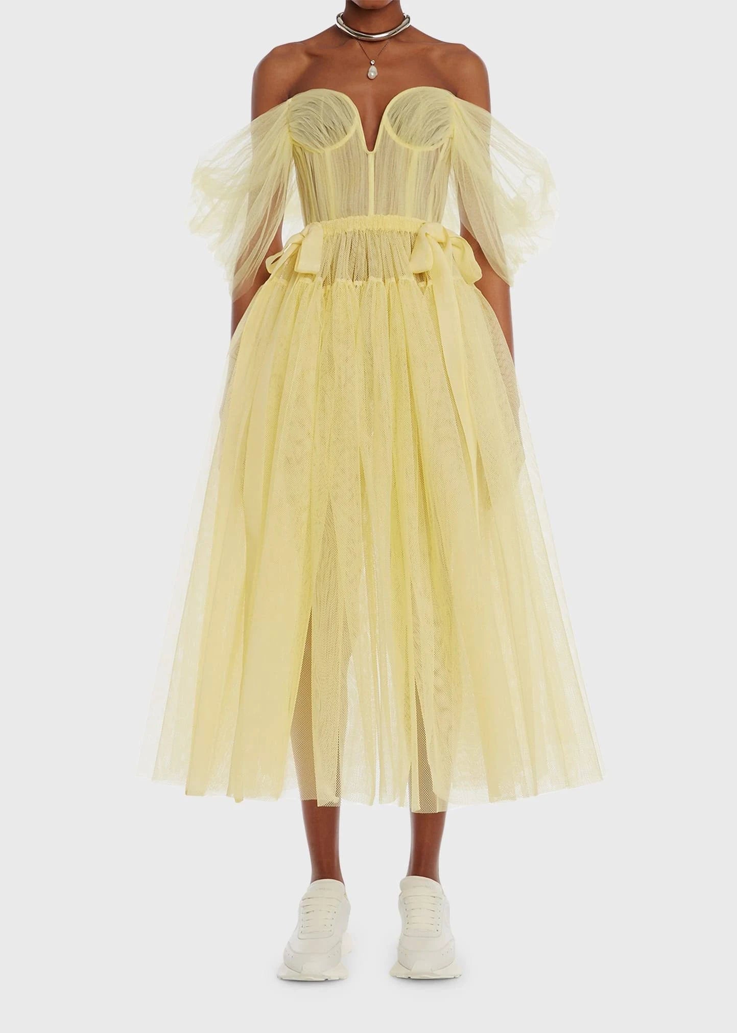 ALEXANDER MCQUEEN OFF-THE-SHOULDER TULLE MIDI DRESS
