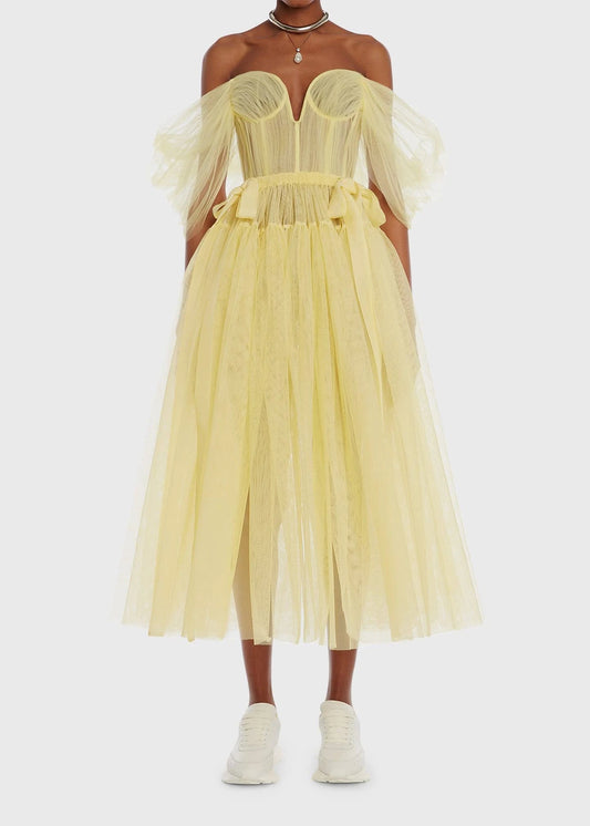 ALEXANDER MCQUEEN OFF-THE-SHOULDER TULLE MIDI DRESS