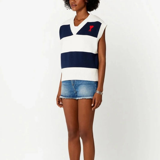 AMI PARIS RUGBY STRIPE SLEEVELESS SWEATER