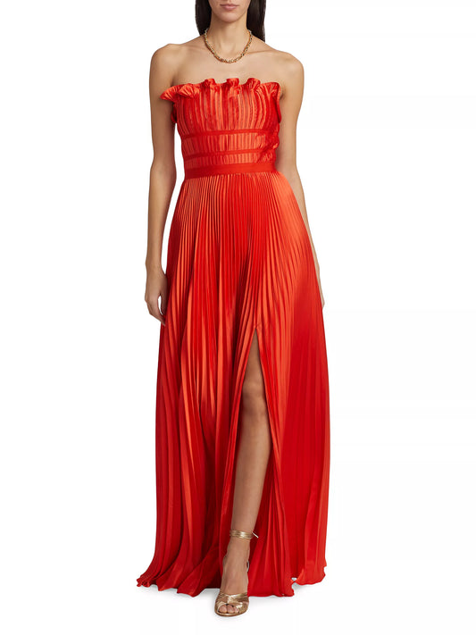 AMUR PLEATED SATIN RUFFLE BODICE GOWN