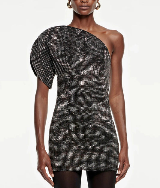 ROLAND MOURET ASYMMETRIC DIAMANTE MINI DRESS