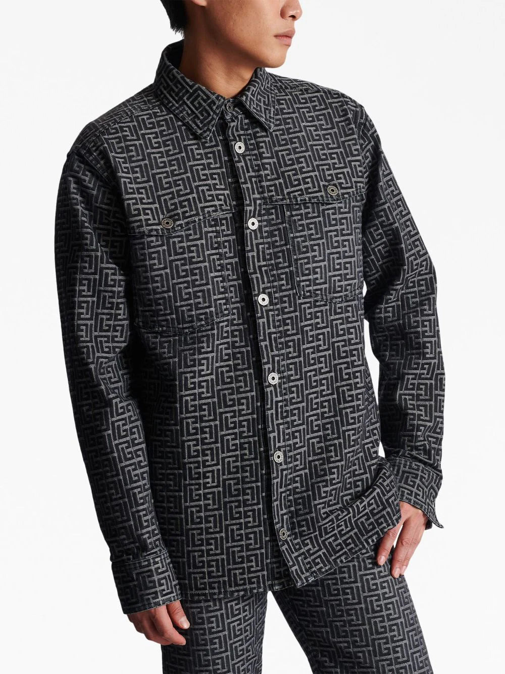 BALMAIN JACQUARD MONOGRAM DENIM SHIRT, AVAILABLE FOR RENT OR PURCHASE