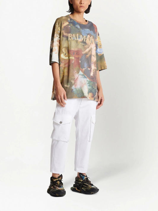 BALMAIN ALLOVER RENAISSANCE PRINT LOGO TEE