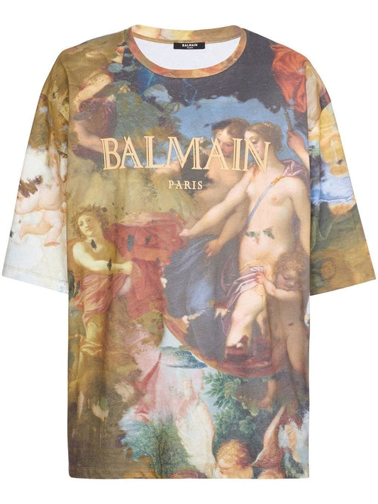 BALMAIN ALLOVER RENAISSANCE PRINT LOGO TEE