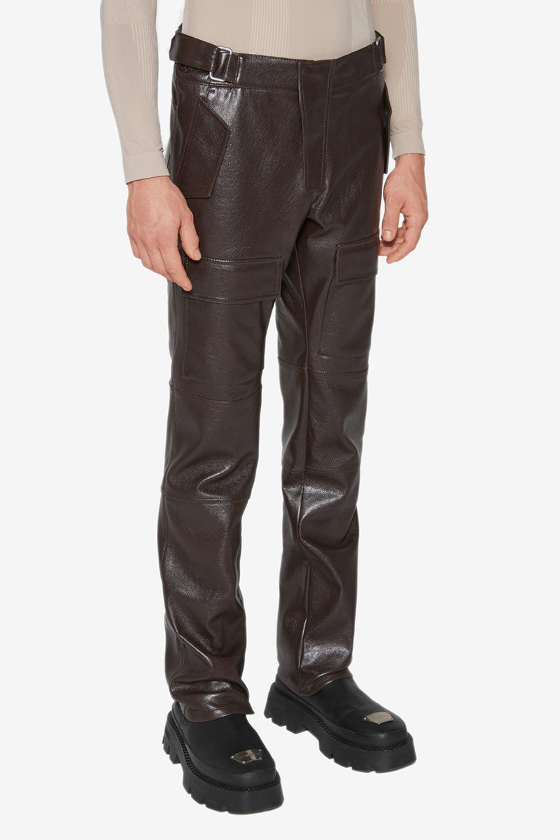 BROWN MISBHV CARGO FAUX-LEATHER TROUSERS