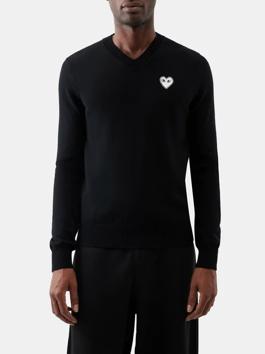 COMME DES GARCONS PLAY EMBROIDERED VNECK SWEATER TheLuxeLend