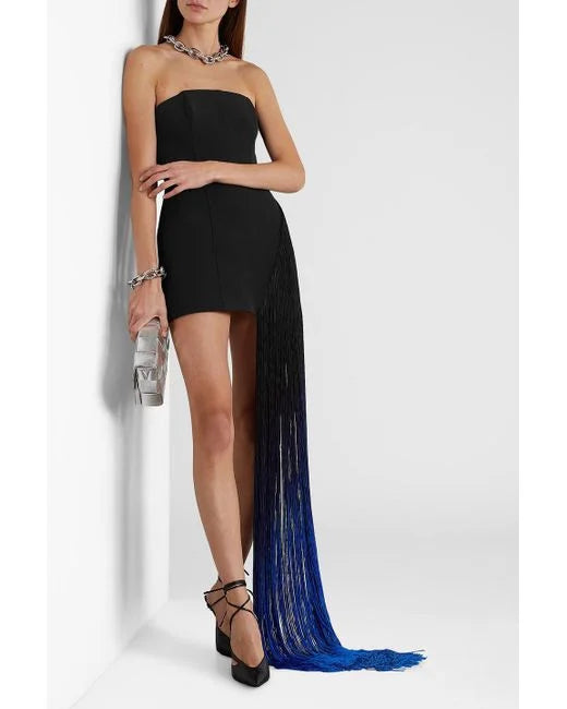 DAVID KOMA STRAPLESS FRINGE CADY MINI DRESS