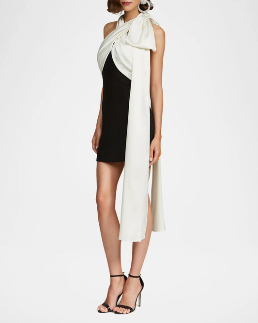 HALSTON RENAE DRAPED TWO-TONE HALTER MINI DRESS
