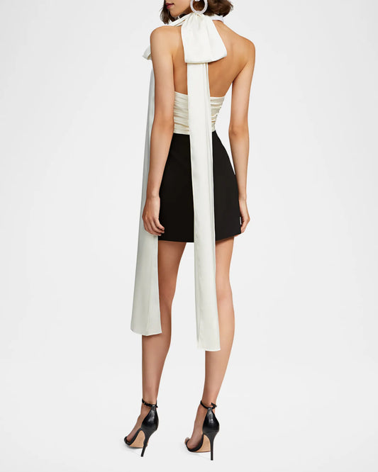 HALSTON RENAE DRAPED TWO-TONE HALTER MINI DRESS
