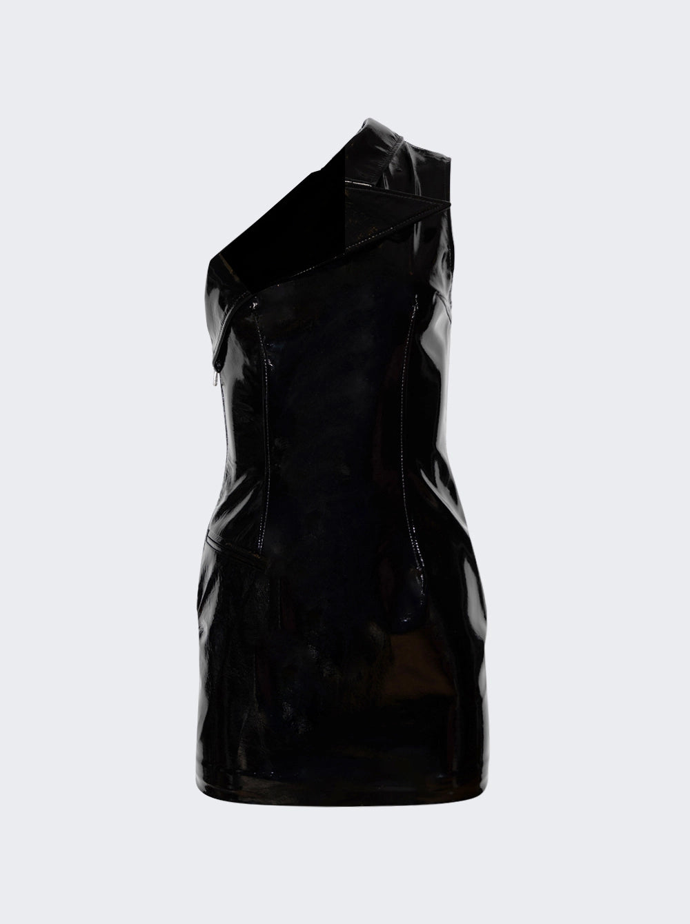 LAQUAN SMITH ONE SHOULDER LEATHER COLLARED MINI DRESS