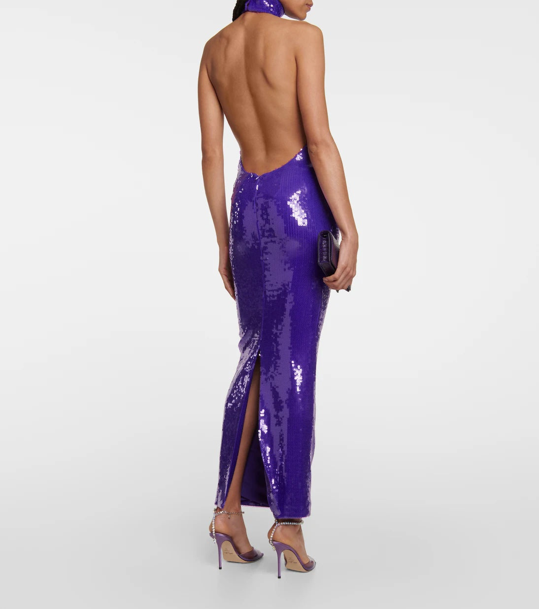 LAQUAN SMITH MOCK NECK SEQUIN OPEN BACK COLUMN GOWN
