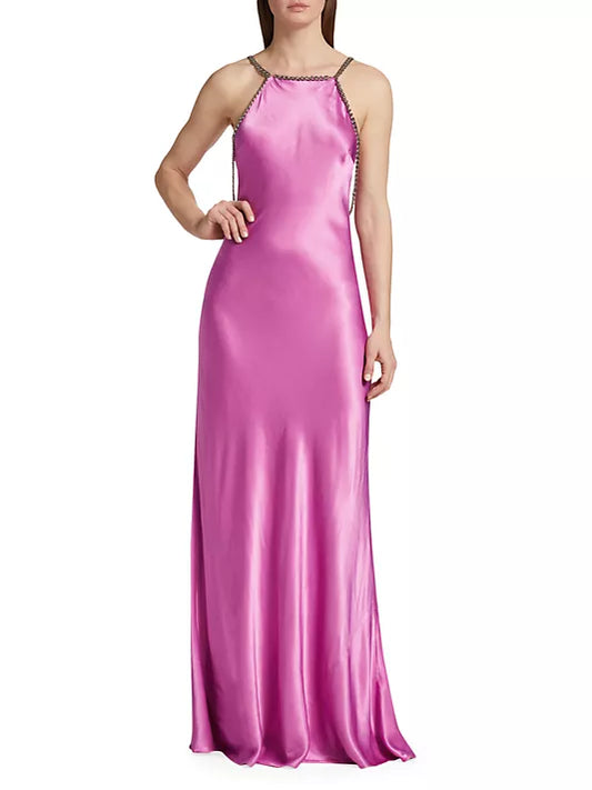 L'AGENCE MAJESTY CHAIN-TRIM SATIN GOWN
