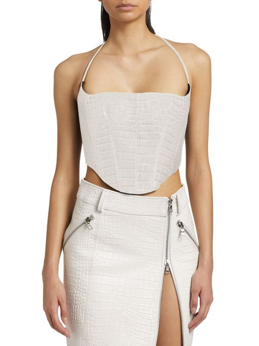 LAQUAN SMITH CROCODILE-EMBOSSED LEATHER BUSTIER