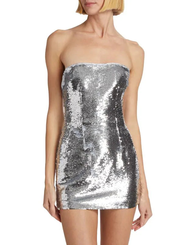 silver strapless mini dress Laquan Smith Sequined Strapless Mini Dress
