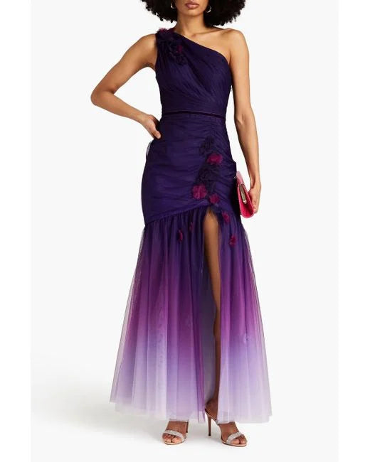 MARCHESA OMBRE ONE SHOULDER TULLE GOWN