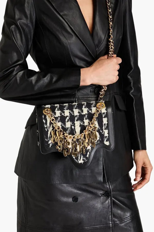 MOSCHINO EMBELLISHED HOUNDSTOOTH TWEED SHOULDER BAG