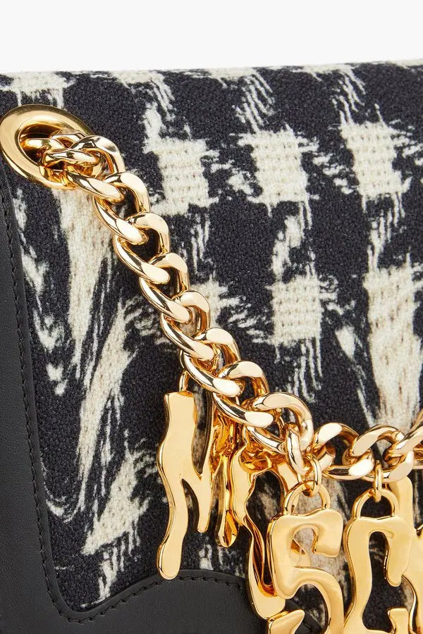 MOSCHINO EMBELLISHED HOUNDSTOOTH TWEED SHOULDER BAG