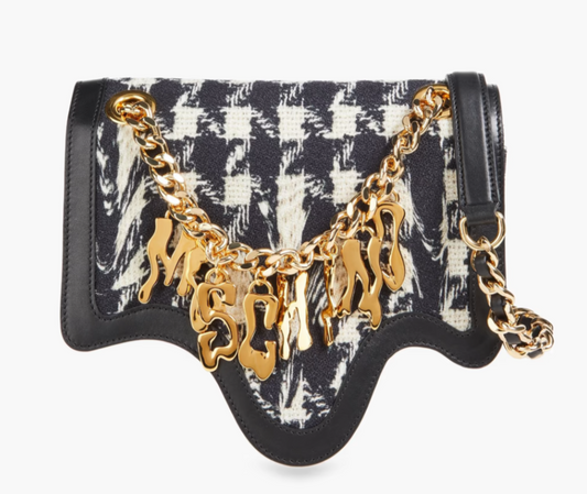 MOSCHINO EMBELLISHED HOUNDSTOOTH TWEED SHOULDER BAG