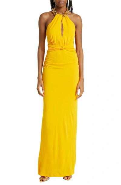 REBECCA VALLANCE PHOENIX RUCHED JERSEY HALTERNECK GOWN