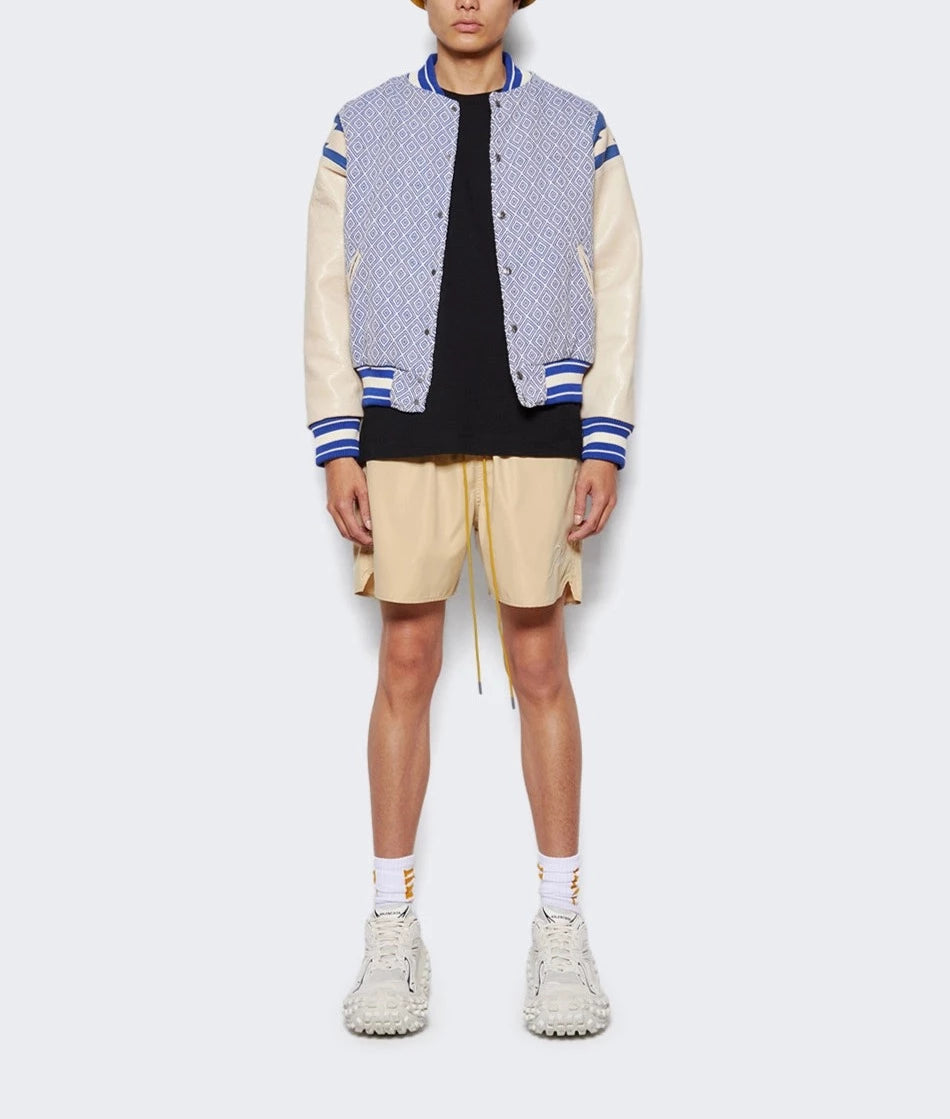 RHUDE JACQUARD LIGHTNING KNIT AND LEATHER BOMBER