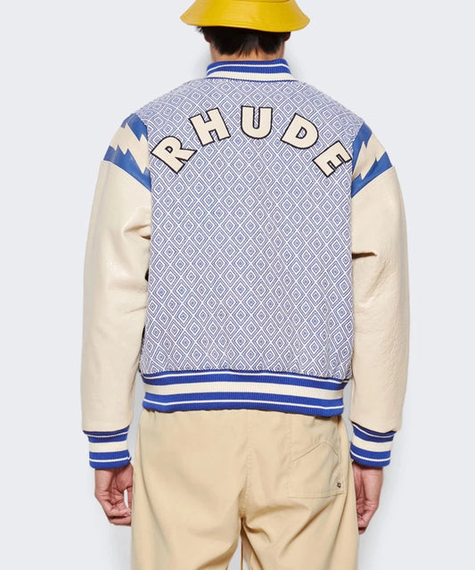 RHUDE JACQUARD LIGHTNING KNIT AND LEATHER BOMBER