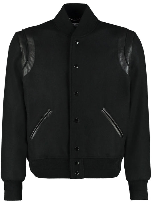 SAINT LAURENT LEATHER TRIM TEDDY VARSITY JACKET