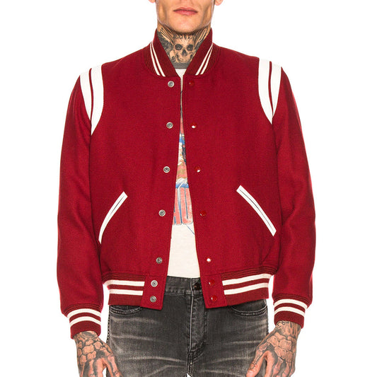SAINT LAURENT LEATHER TRIM TEDDY VARSITY JACKET
