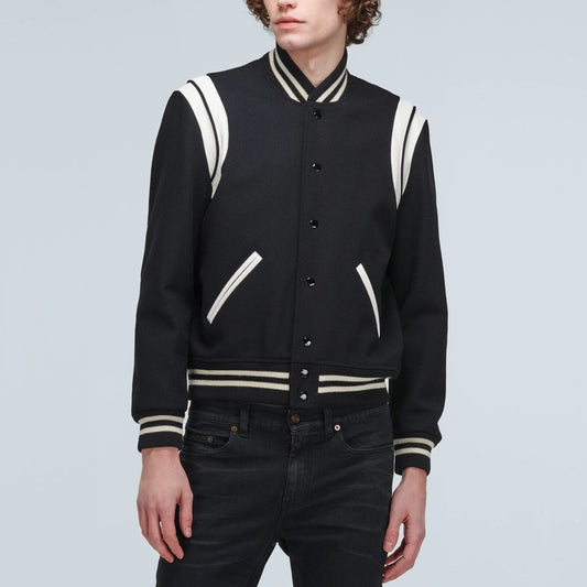 SAINT LAURENT LEATHER TRIM TEDDY VARSITY JACKET