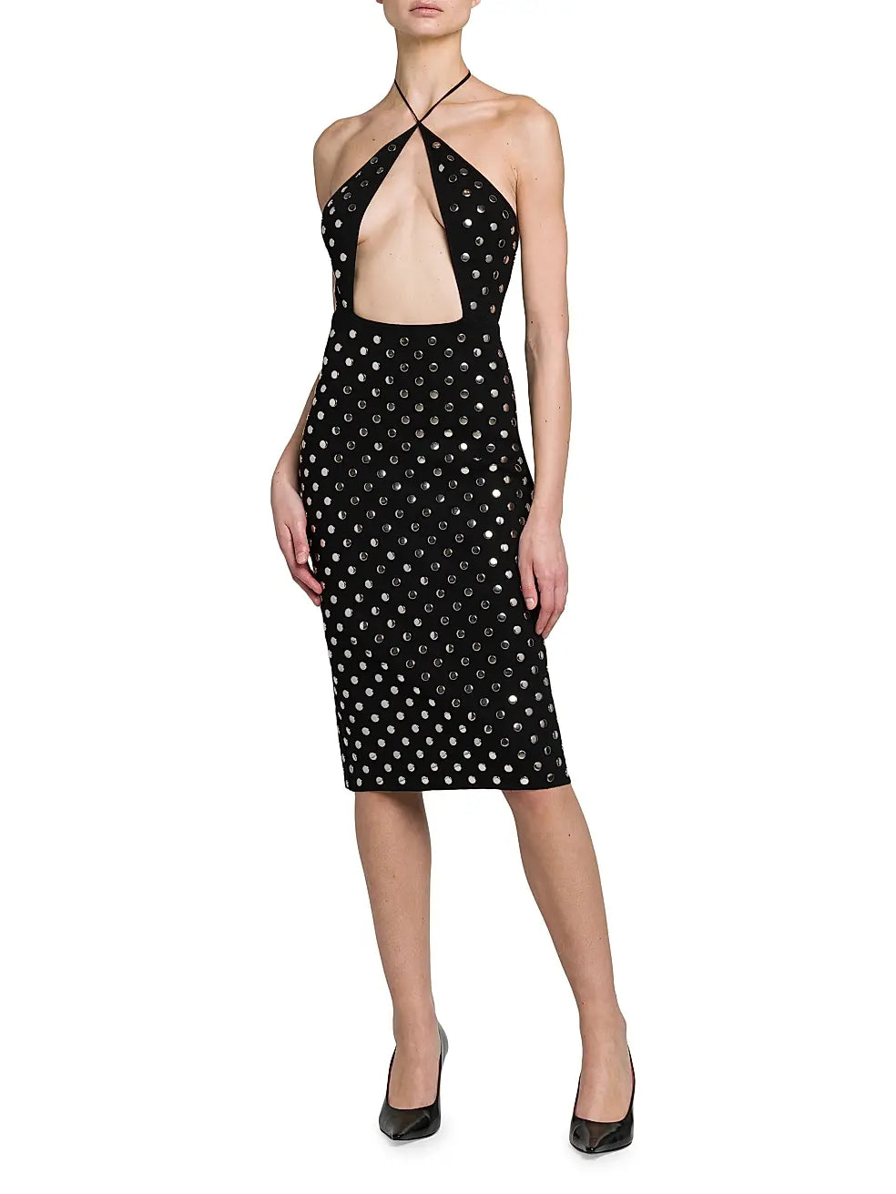 STELLA MCCARTNEY STUDDED CUT-OUT HALTER MIDI DRESS