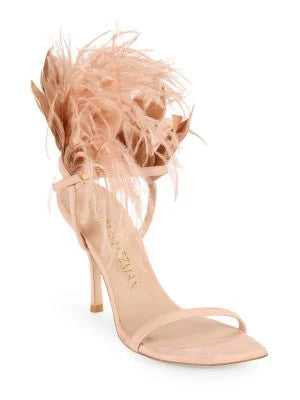 STUART WEITZMAN PLUME FEATHER TRIM SUEDE SANDALS