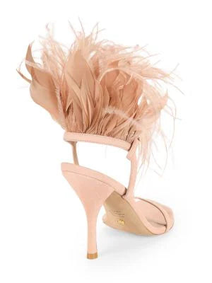 STUART WEITZMAN PLUME FEATHER TRIM SUEDE SANDALS