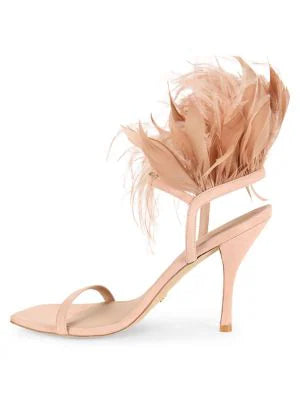 STUART WEITZMAN PLUME FEATHER TRIM SUEDE SANDALS