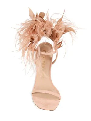 STUART WEITZMAN PLUME FEATHER TRIM SUEDE SANDALS