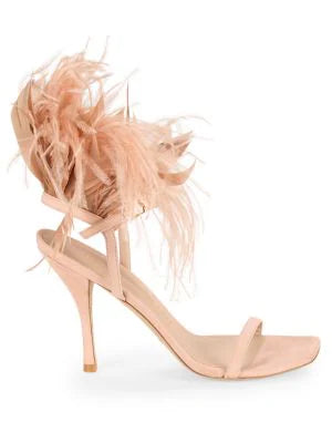 STUART WEITZMAN PLUME FEATHER TRIM SUEDE SANDALS