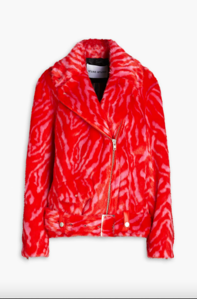 STAND STUDIO ZEBRA-PRINT FAUX FUR BIKER JACKET