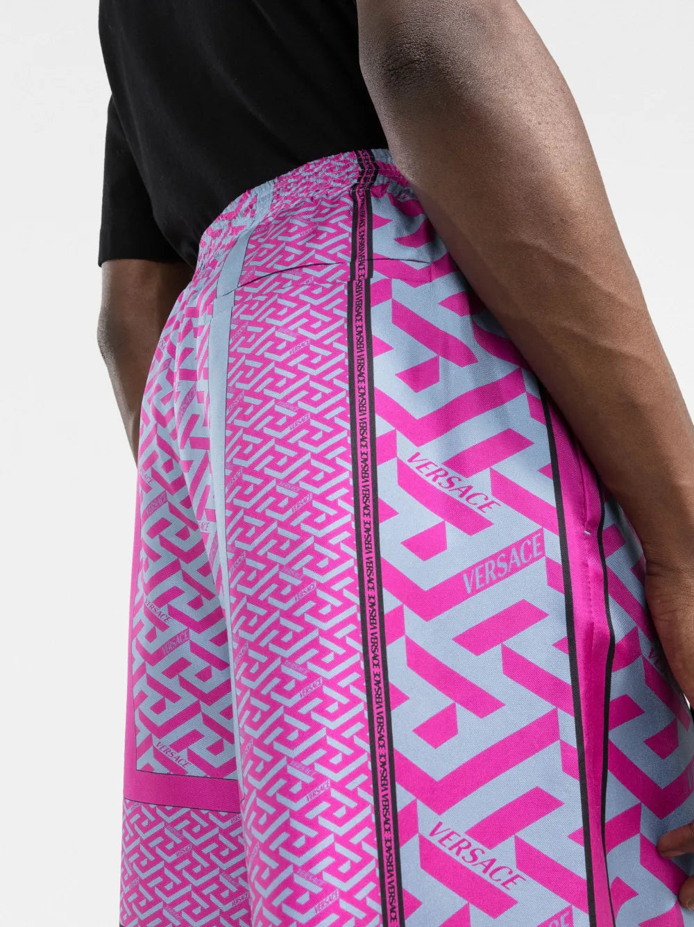 VERSACE LA GRECA PANELLED-PRINT SILK SHORTS