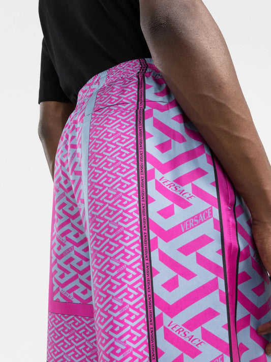 VERSACE LA GRECA PANELLED-PRINT SILK SHORTS