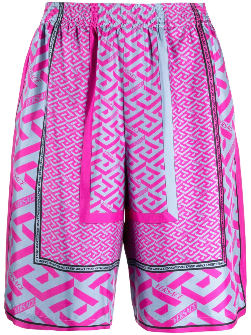 VERSACE LA GRECA PANELLED-PRINT SILK SHORTS