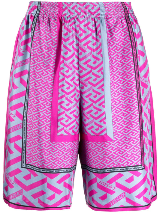 VERSACE LA GRECA PANELLED-PRINT SILK SHORTS