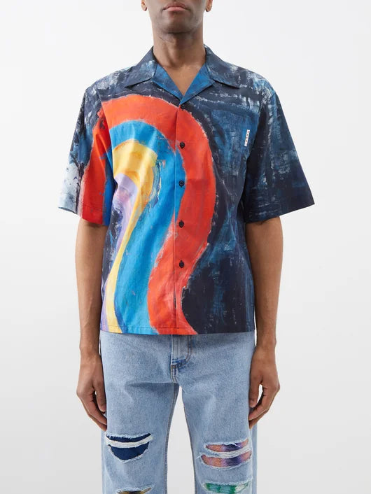 Rainbow Monogram Short-Sleeved Denim Shirt - Luxury Blue