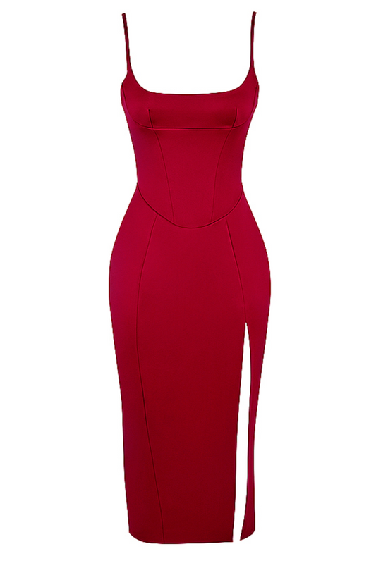 HOUSE OF CB CASIMIRA CORSET MIDI DRESS WINE