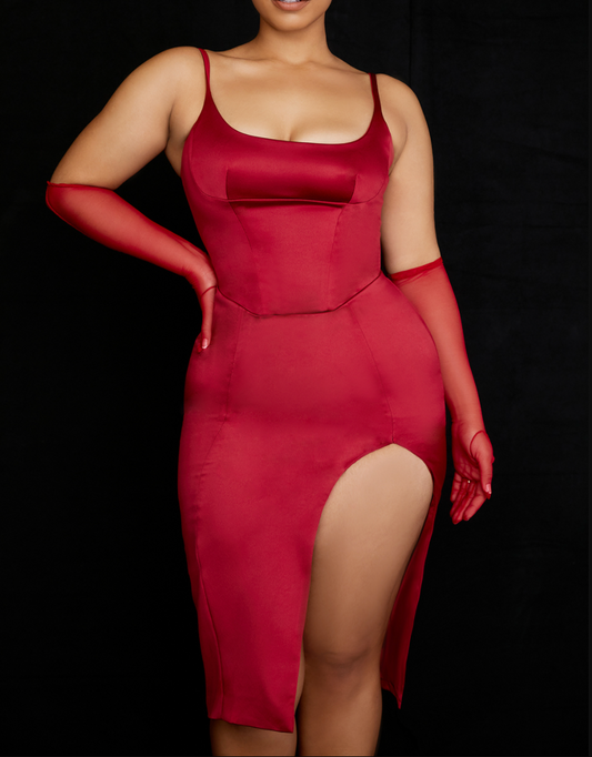 HOUSE OF CB CASIMIRA CORSET MIDI DRESS WINE