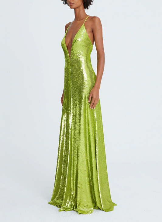 HALSTON SEQUIN PLUNGE VNECK GOWN