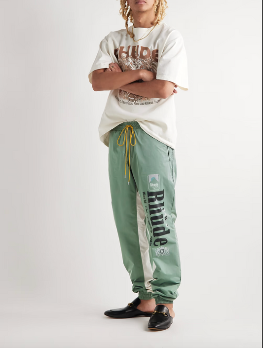 RHUDE SENNA FLIGHT TAPERED LOGO-PRINT NYLON DRAWSTRING TROUSERS