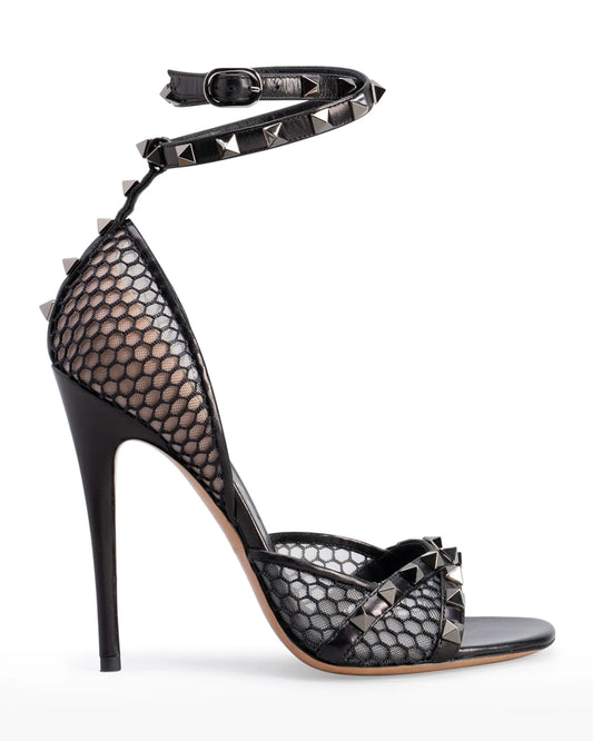 VALENTINO GARAVANI ROCKSTUD FISHNET ANKLE-WRAP STILETTOS