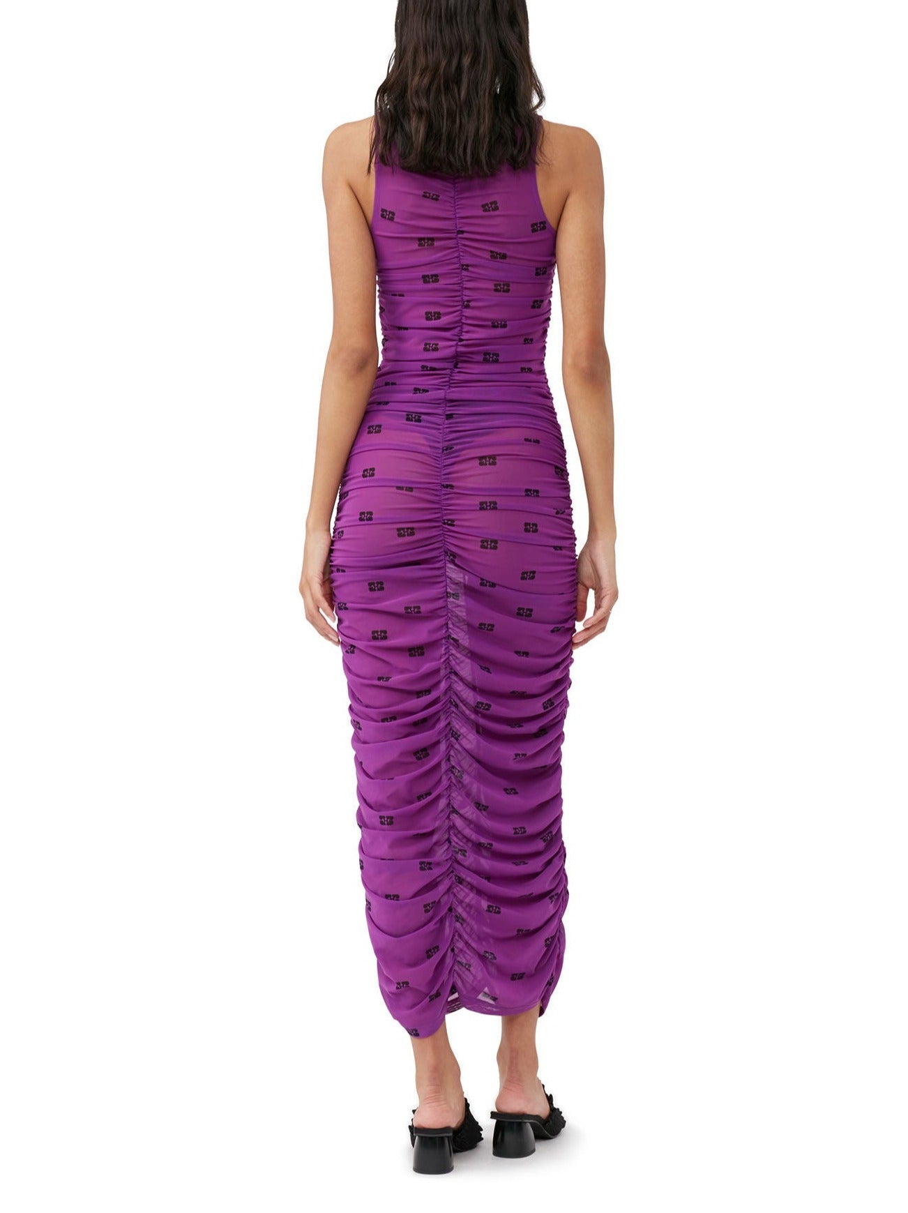 GANNI PRINTED MESH RUCHED DRESS