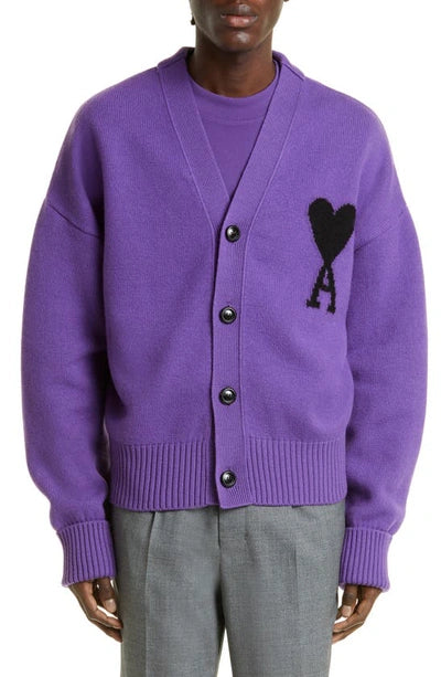 AMI PARIS PURPLE EMBROIDERED CARDIGAN