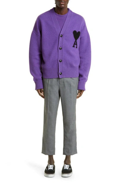 AMI PARIS PURPLE EMBROIDERED CARDIGAN