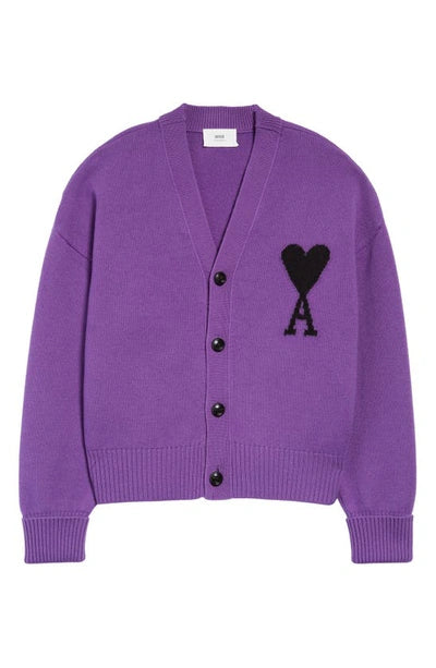 AMI PARIS PURPLE EMBROIDERED CARDIGAN