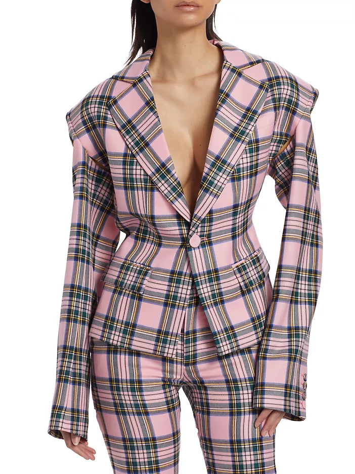 AREA HEART-ACCENTED PLAID WOOL CUT-OUT BLAZER